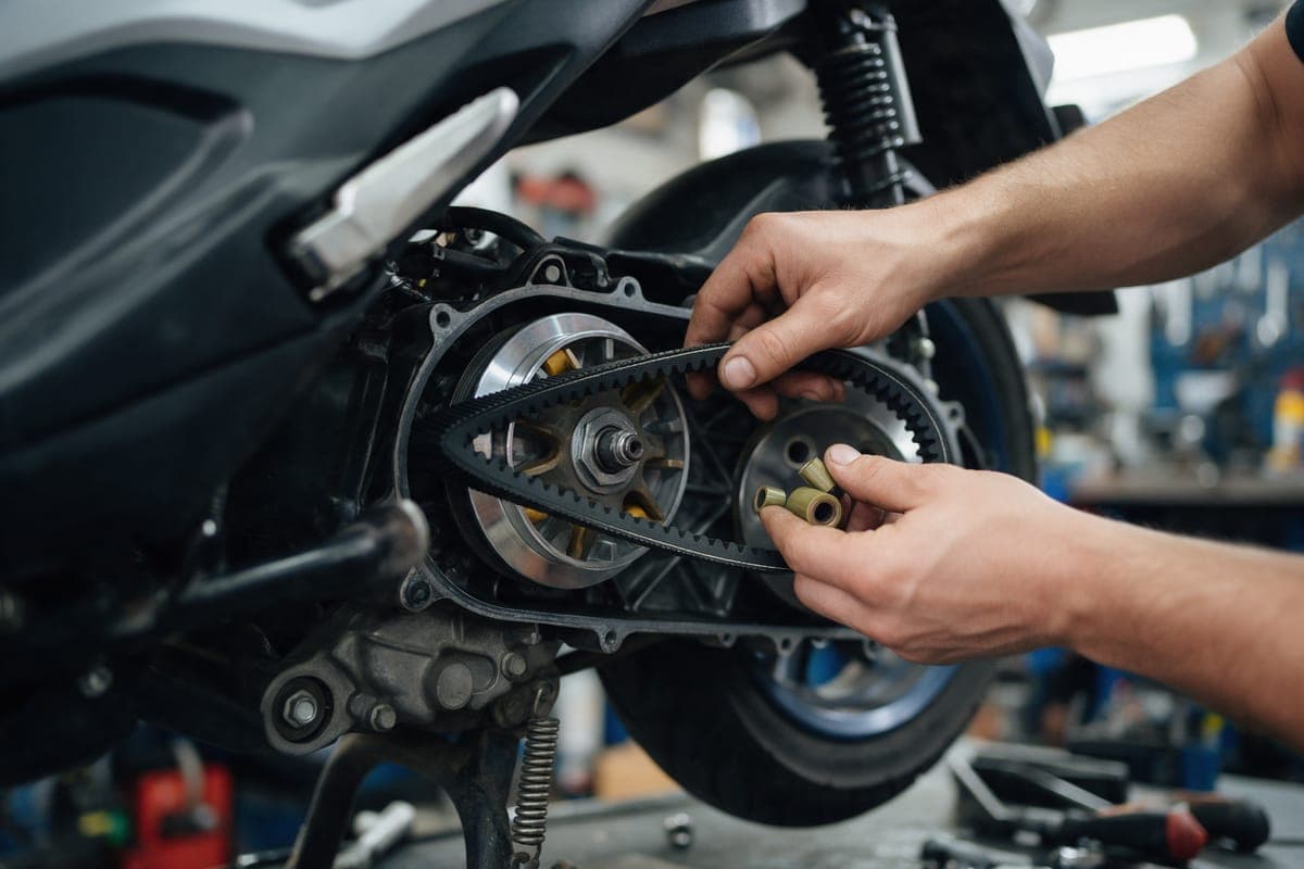 A mechanic fitting a new drive belt into a scooter's open CVT