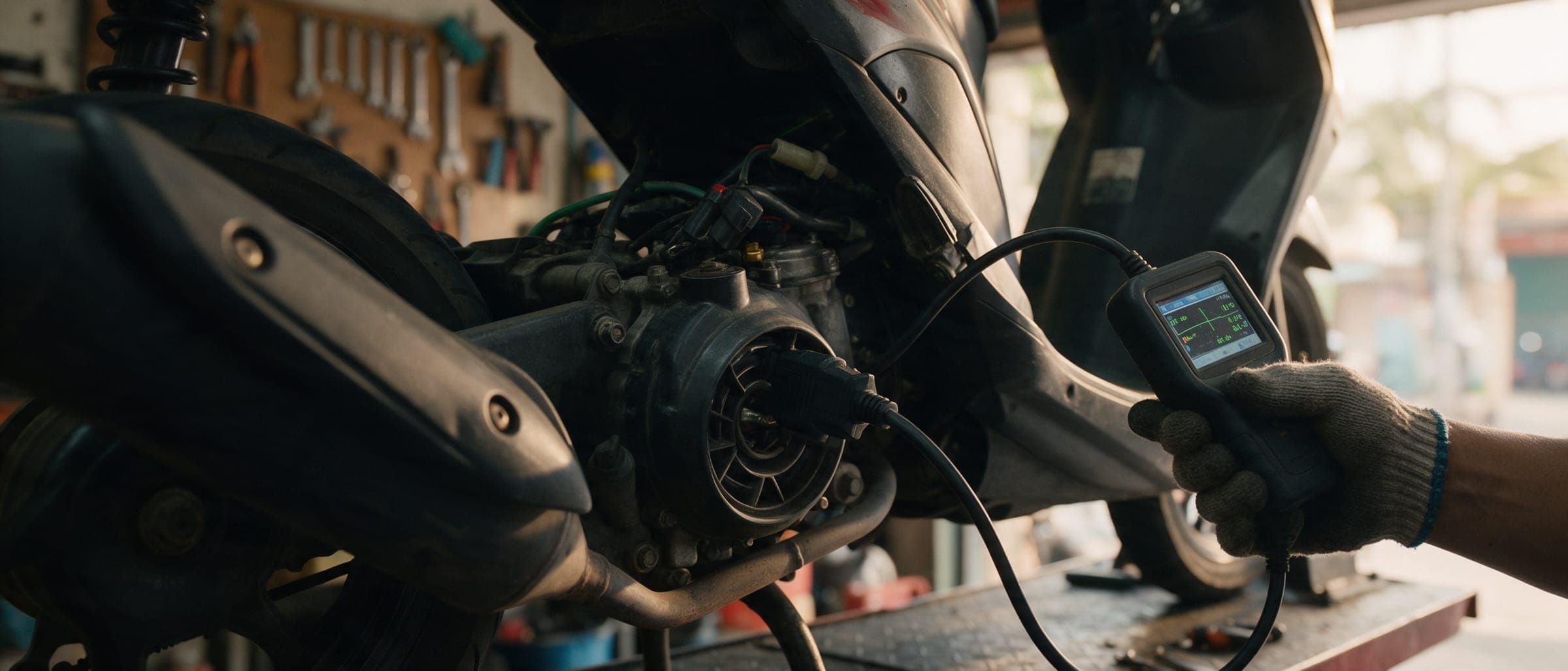 A mechanic's hands plugging an FI diagnostic scanner into a scooter's engine