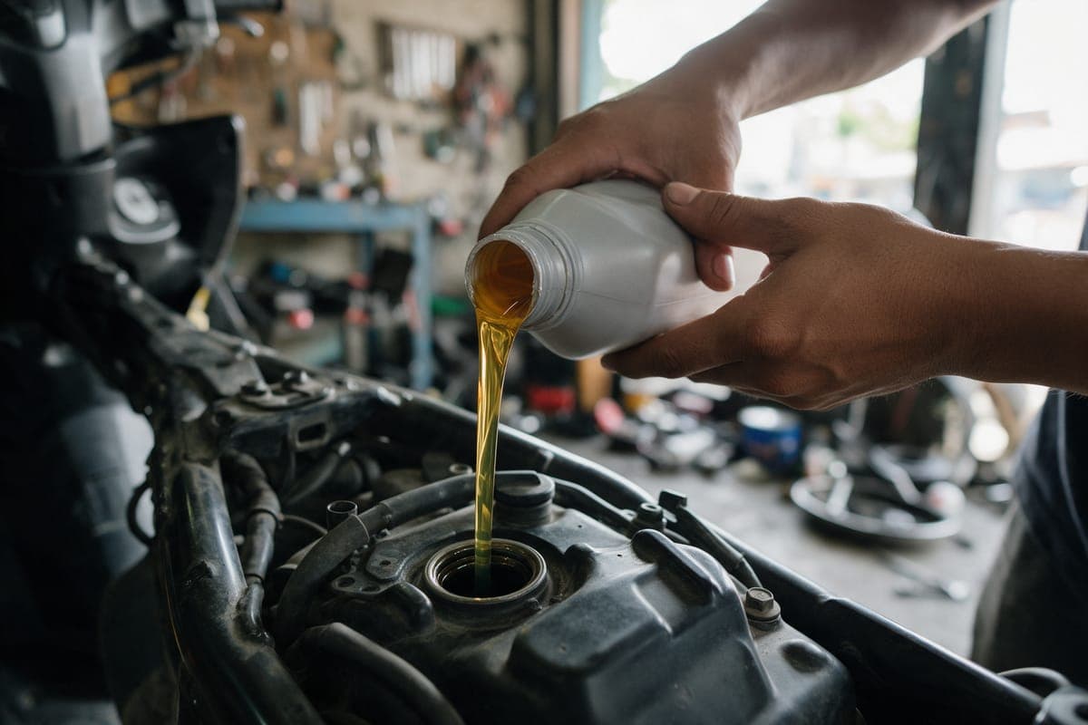 Fresh engine oil being poured into a scooter engine