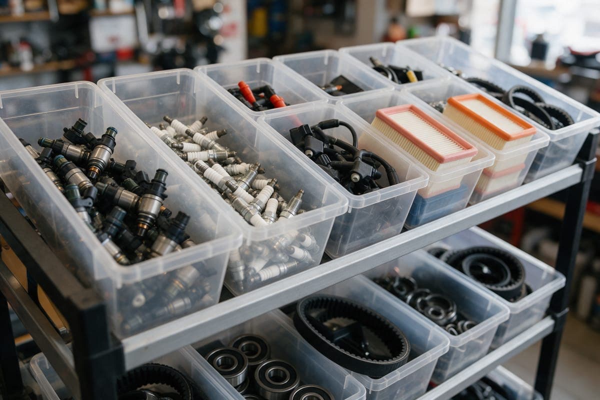 Bins of new fuel injectors, spark plugs, air filters and drive belts on a parts shelf